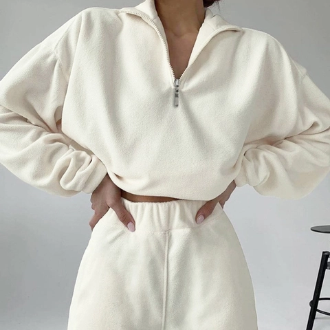 Women Casual Half Zip Lapel Fleece Sweatshirt And Sweatpants Set Long Sleeve Winter Sporty Top And Bottom