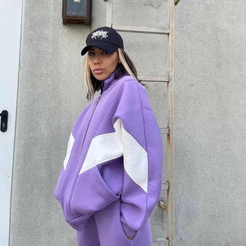 Giacca Con Cerniera E Pantaloni Jogger Da Donna Maniche Lunghe Pile Streetwear Casual Color Block Tuta Sportiva