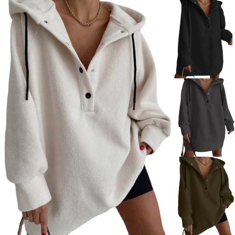 Women Polar Fleece Hoodie Loose Fit Button Up Placket Drawstring Hood Long Sleeve Casual Autumn Winter Pullover Sweatshirt