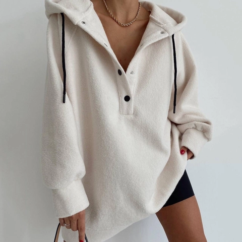 Women Polar Fleece Hoodie Loose Fit Button Up Placket Drawstring Hood Long Sleeve Casual Autumn Winter Pullover Sweatshirt