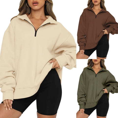 Women Quarter Zip Sweatshirt Oversized Drop Shoulder Long Sleeve Pullover Fleece Casual Sporty Solid Color