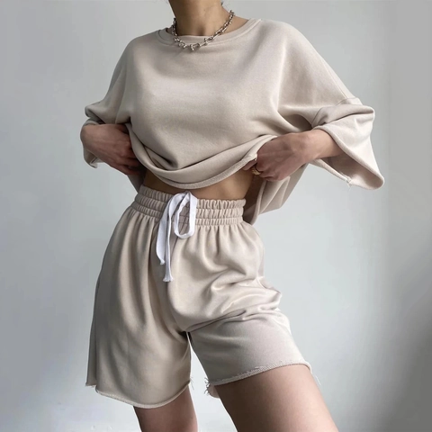 Women Short Sleeve T-shirt And Drawstring Shorts Cotton Blend Drop Shoulder Oversized Raw Hem Solid Color Casual Streetwear