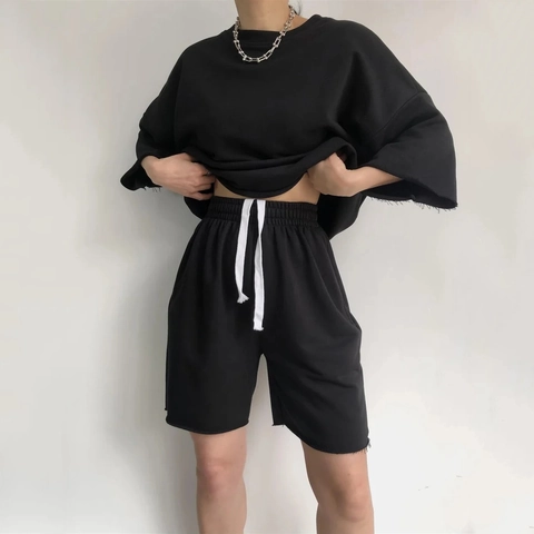 Women Short Sleeve T-shirt And Drawstring Shorts Cotton Blend Drop Shoulder Oversized Raw Hem Solid Color Casual Streetwear
