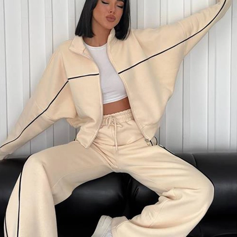 Ensemble de Survêtement 2 Pièces pour Femmes en Polyester Demi-Col Haut Fermeture Éclair Rayé Sweat-shirt Pantalon à Cordon Casual Streetwear Top And Bottom