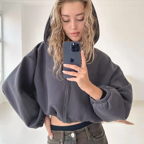 Women Cropped Zip Up Hoodie Long Sleeve Solid Color Drop Shoulder Elastic Hem Cotton Blend Casual Sweatshirt