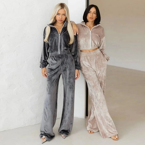 Women Velvet Tracksuit Two Piece Set Lapel Zipper Cropped Cardigan Sweatshirt And Wide Leg Pants Sporty Casual Leisure Suit