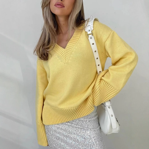 Maglione Da Donna Con Scollo A V Maglieria A Maniche Lunghe Oversize Vestibilità Ampia Spacco Laterale Casual Poliestere