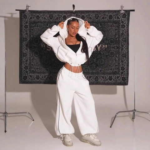 Ensemble De Survêtement Pour Femme Sweat À Capuche Zippé Et Pantalon Large Passepoil Contrasté Streetwear Polyester