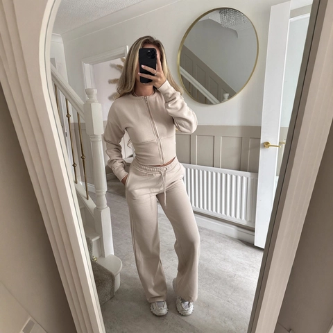 Women Lounge Pants Outfit Solid Color Cropped Zipper Jacket And High Waist Wide Leg Sweatpants Casual Streetwear Tracksuit