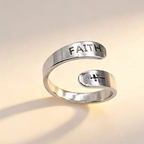 Anello Regolabile Aperto Ispiratore In Acciaio Inossidabile Fede Speranza Amore Benedetto Inciso Croce Religiosa Gioielli Per Donne