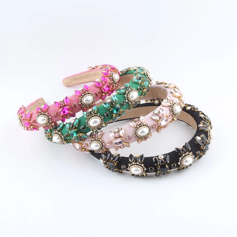 Diadema Acolchada Retro Lujo Banda Pelo Tela Esponja Diamantes Imitación Perlas Artificiales Flores Elegante Accesorio Cabello Mujer
