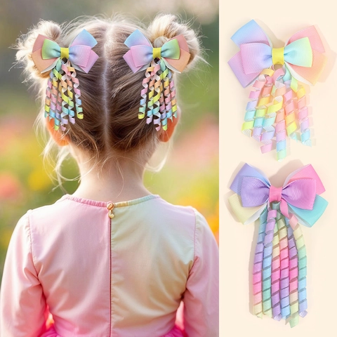 Rainbow Gradient Hair Clips For Girls Grosgrain Ribbon Double Bow Spiral Curly Streamers Korker Hair Accessories