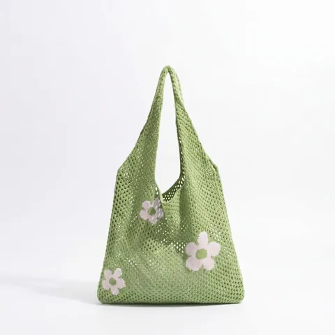 Hollow Out Crochet Knit Tote Bag For Women Summer Beach Mesh Shoulder Handbag With Floral Pattern Casual Handmade Style