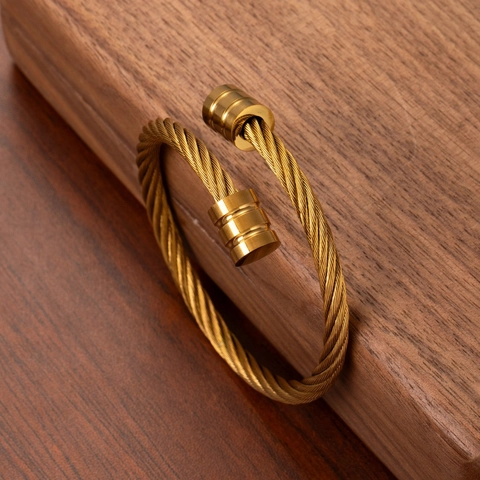 Cuff Armreif Edelstahl Gedrehtes Kabelmuster 18K Vergoldet Offen Verstellbar Vintage Punk Schmuck Für Herren