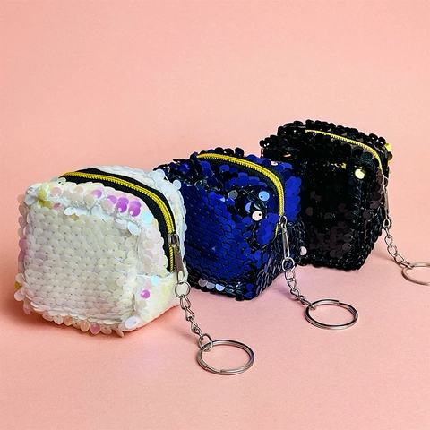 Mini Cube Sequin Coin Purse Reversible Shiny Small Zipper Wallet With Keychain For Kids Girls Party Favor Bag Charm