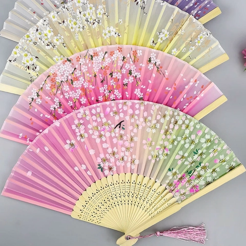 Classical Folding Fan Satin Fabric Bamboo Bone With Tassel Handheld Decorative Ancient Chinese Style For Women Dance Gift