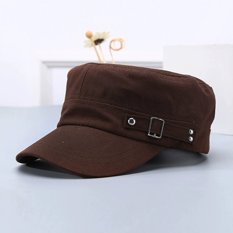 Unisex Cotton Flat Top Cadet Hat Adjustable Military Style Cap With Rivets Metal Buckle Solid Color Outdoor Sunshade Hat