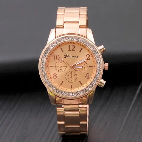 Women Quartz Watch Rhinestone Bezel Decorative Sub Dials Alloy Metal Strap Luminous Casual Luxury Wristwatch