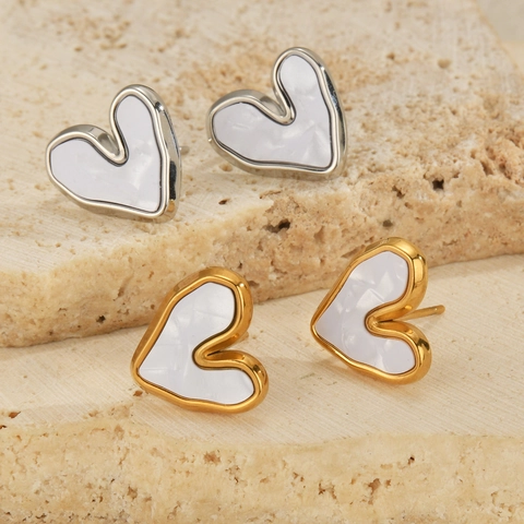 Heart Stud Earrings Stainless Steel 18K Gold Plated Mother Of Artificial Pearl Inlay Geometric Irregular Minimalist Elegant Women
