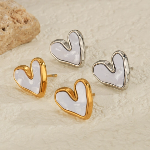 Heart Stud Earrings Stainless Steel 18K Gold Plated Mother Of Artificial Pearl Inlay Geometric Irregular Minimalist Elegant Women