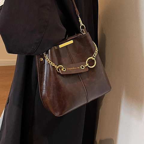 Sac Seau Vintage PU Cuir Bandoulière Capacité Chaîne Dorée Décoration Mode Navette Pour Femmes