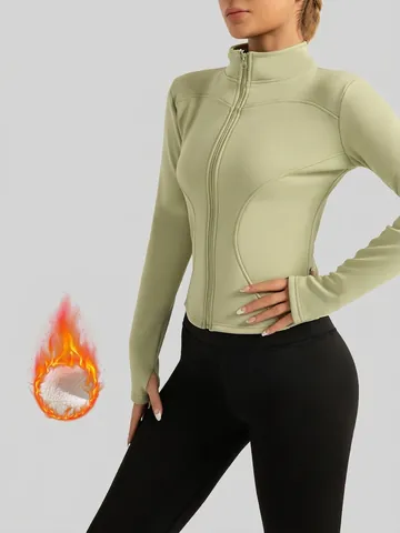 Chaqueta De Yoga Para Mujer Forro Polar Cremallera Cuello Alto Slim Chaqueta Deportiva De Running Con Agujeros Para Pulgares Fitness