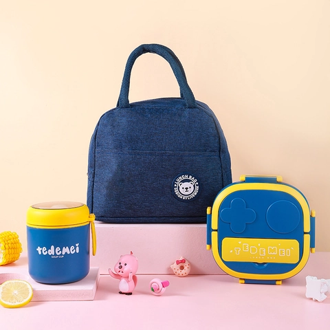 Draagbare Roestvrijstalen Lunchcontainer Geïsoleerde Verdeelde Bento Met Soepbeker En Thermische Tas Cartoon Voor Kinderen
