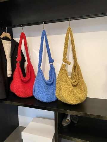 Bolso Tote De Peluche Gran Capacidad Piel Sintética Bolso Hobo Correa Con Nudo Color Sólido Invierno Mujer