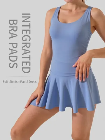 Abito Da Tennis Sportivo Da Donna Senza Maniche Orlo Pieghettato Reggiseno Pantaloncini Poliestere Elastan Sport