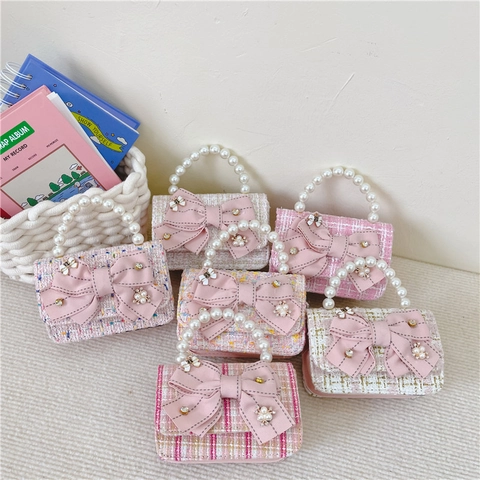 Kids Girls Crossbody Bag Tweed Princess Style Artificial Pearl Handle Lace Bow Handbag Metal Chain Shoulder Purse