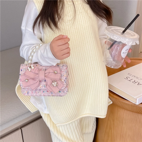 Kids Girls Crossbody Bag Tweed Princess Style Artificial Pearl Handle Lace Bow Handbag Metal Chain Shoulder Purse