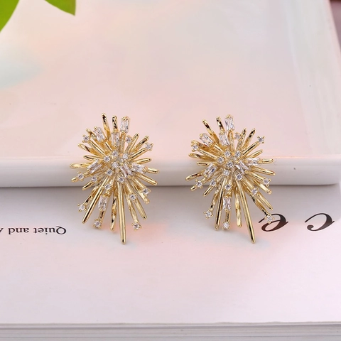 Sparkly Fireworks Starburst Stud Earrings With Zircon Copper And 925 Sterling Silver Earring Post Elegant Women Jewelry