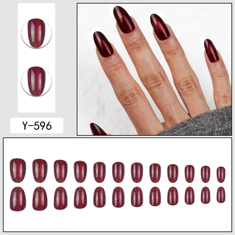 Halloween Wijnrood Kattenoog Kunstnagels Om Op Te Drukken Kort Rond Full Cover Kunstnagel Set Met Lijm Voor Vrouwen Manicure Decor