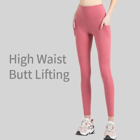 Yoga-Hose Mit Hoher Taille Und Taschen Für Damen Nahtlose Leggings Po-Lifting Nylon Spandex Workout Fitness