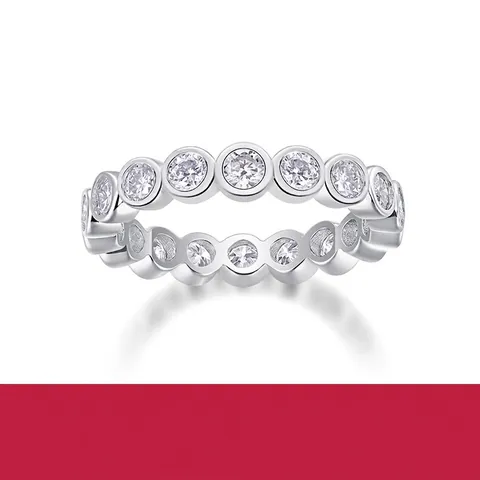 Eternity Ring Round Brilliant Cut Moissanite S925 Sterling Silver 18K Gold Plated Bezel Setting Wedding Band For Women
