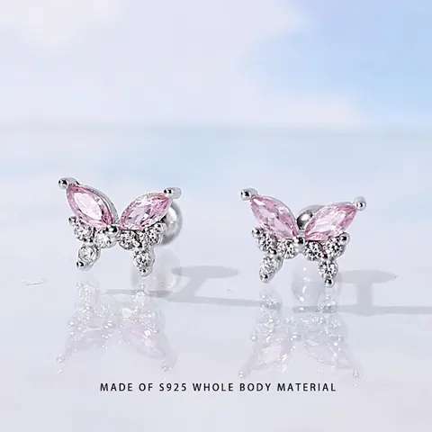 S925 Sterling Silver Pink Zirconia Butterfly Screw Back Stud Earrings For Women Hypoallergenic Ear Bone Stud Jewelry