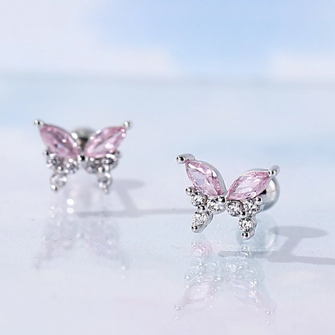 S925 Sterling Silver Pink Zirconia Butterfly Screw Back Stud Earrings For Women Hypoallergenic Ear Bone Stud Jewelry