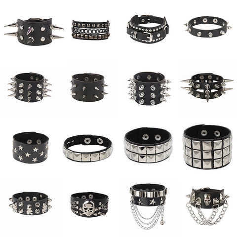 Punk Gothic Skull Rivet PU Leather Bracelet For Men Women Black White Pink Spikes Five-Pointed Star Heart Metal Chain Choker Bracelet Jewelry