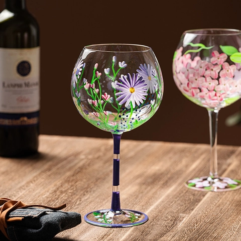 Calice da Vino in Cristallo Dipinto a Mano Mid-Century Vintage con Motivo Floreale per Vino Rosso Decorazione Casa Regalo