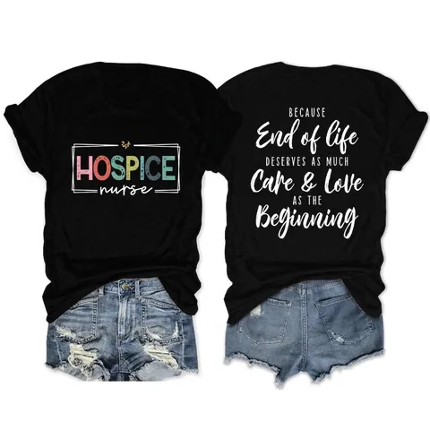 Dames T-Shirt Korte Mouw Katoenmix Ronde Hals Hospice Verpleegkundige Luipaard Hart Tekst Grafische Zomer Top
