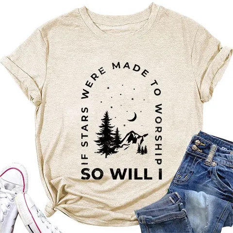 T-Shirt Grafica Da Donna Misto Cotone Maniche Corte Girocollo Stampa Montagna Cielo Stellato Top Casual Streetwear
