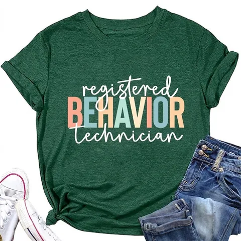 T-Shirt Da Donna A Maniche Corte Girocollo Con Stampa Registered Behavior Technician Top Casual In Misto Cotone Morbido
