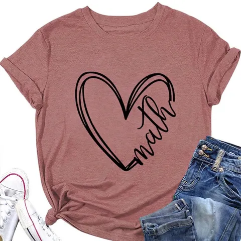 Dames T-Shirt Katoenmix Hart Math Grafische Korte Mouwen Ronde Hals Casual Zomer Losse Top