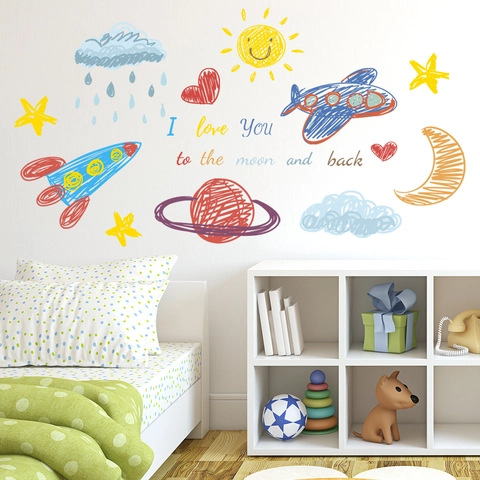 Cartoon Space Wall Stickers PVC Rocket Planet Moon Hand-drawn Doodle Decals Kids Room Nursery Decor