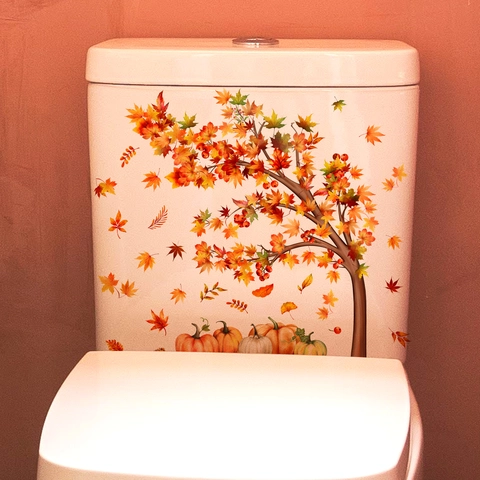 Autumn Maple Tree Pumpkin Toilet Lid Stickers Waterproof PVC Fall Harvest Leaves Wall Decals For Bathroom Home Decoration