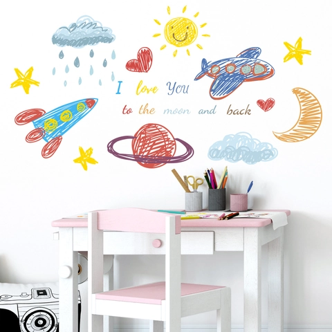 Cartoon Space Wall Stickers PVC Rocket Planet Moon Hand-drawn Doodle Decals Kids Room Nursery Decor