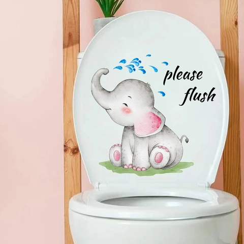 Autocollant De Toilette Éléphant Dessin Animé Mignon Please Flush Décoration De Salle De Bain Étanche En PVC