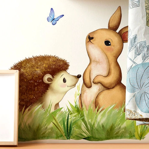 Pegatinas De Pared Animales Dibujos Animados PVC Acuarela Erizo Conejo Mariposa Mural Decorativo Para Habitación Niños