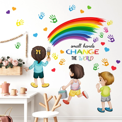 Vinilo de Pared de PVC de Huellas de Arco Iris de Dibujos Animados para Niños Frase Small Hands Change The World