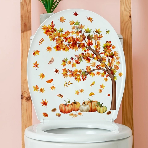 Autumn Maple Tree Pumpkin Toilet Lid Stickers Waterproof PVC Fall Harvest Leaves Wall Decals For Bathroom Home Decoration